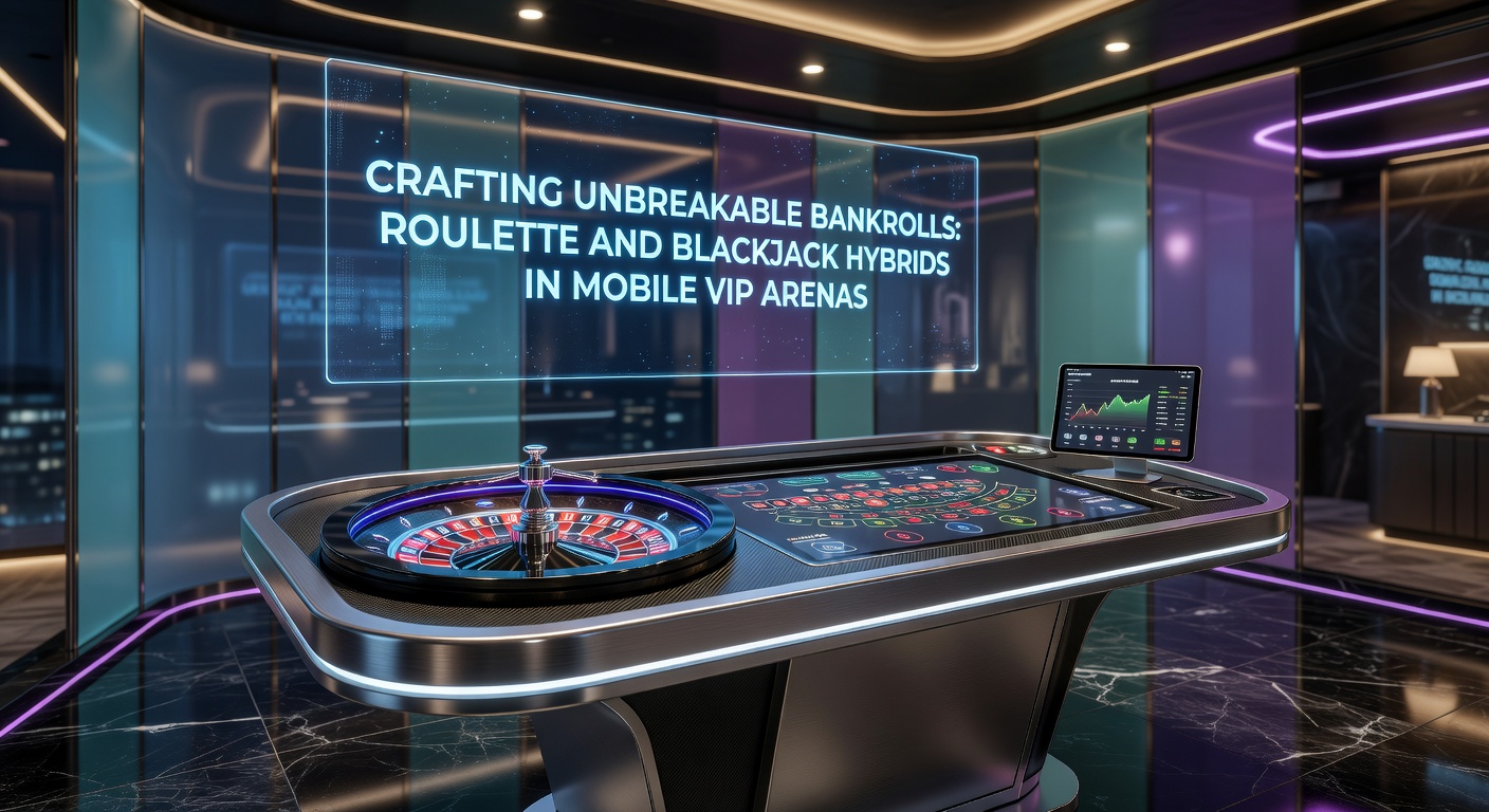 Stylisiertes Bild eines Smartphones mit Roulette- und Blackjack-Hybridspiel in einer VIP-Mobile-App, umgeben von glänzenden Chips und Karten