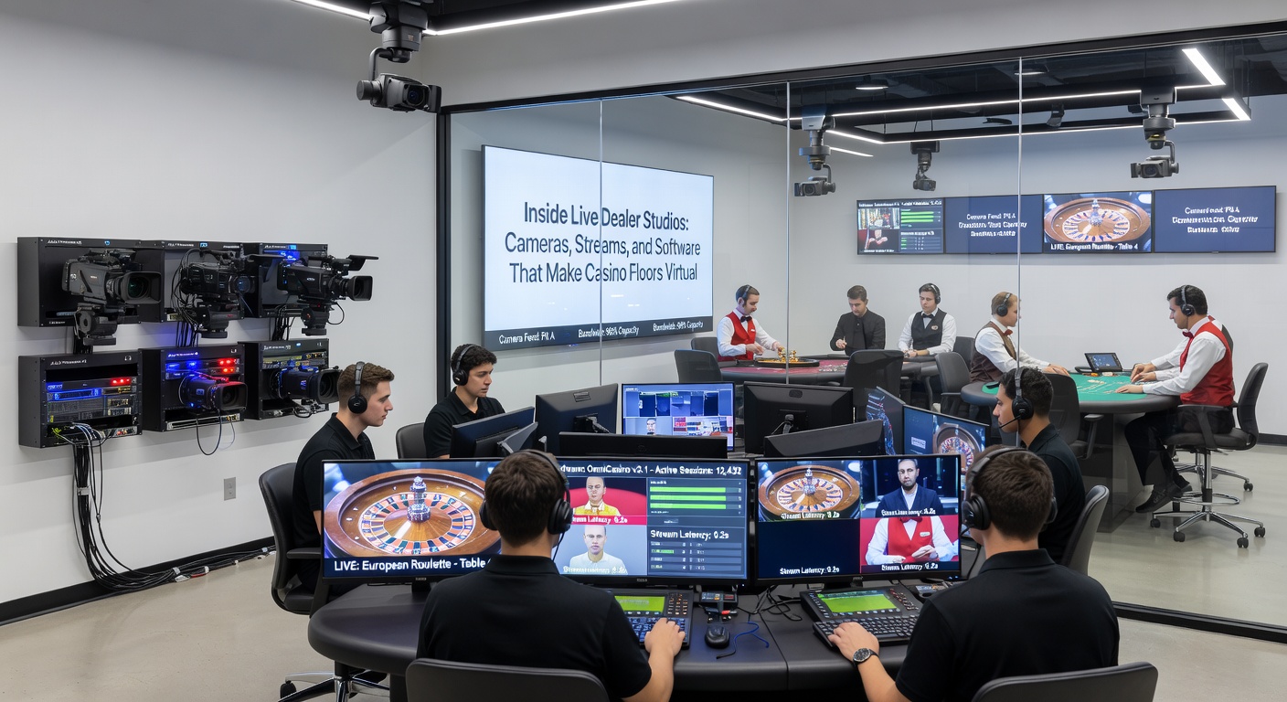 Nahaufnahme eines Live-Dealers an einem Blackjack-Tisch mit umliegenden Kameras und Streaming-Equipment in Aktion
