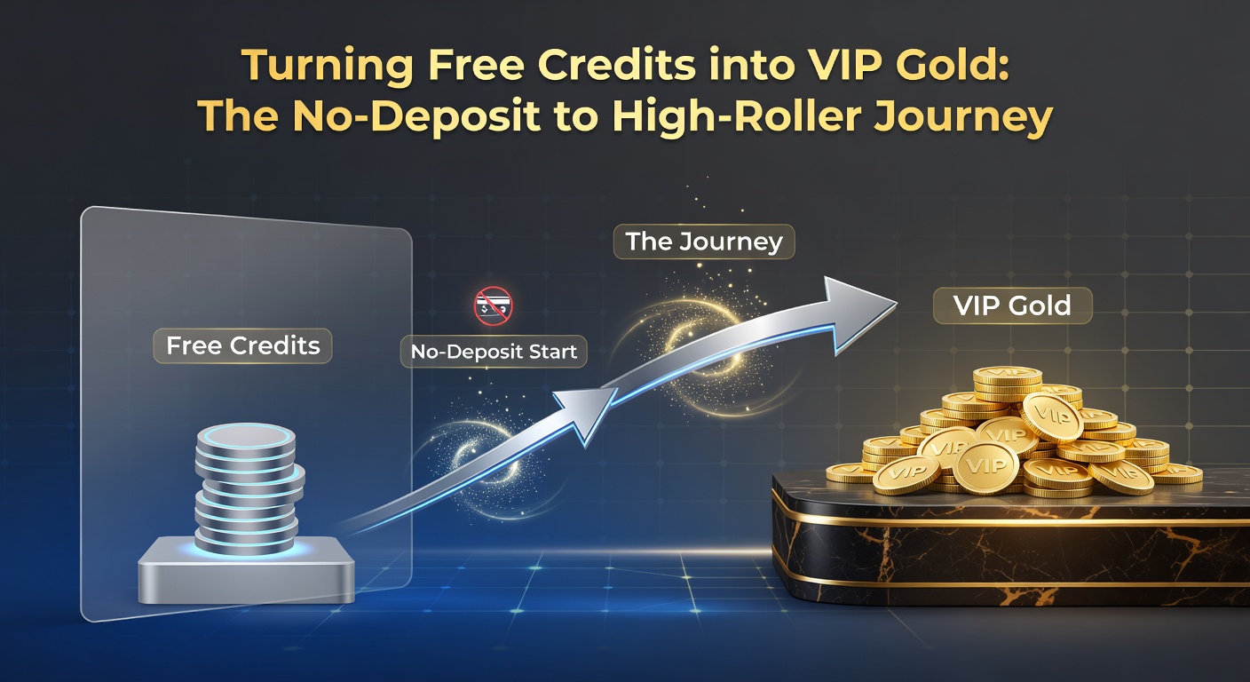 Ein Spieler steigt vom No-Deposit-Bonus zum VIP-Status auf, symbolisiert durch goldene Chips und ein Casino-Logo